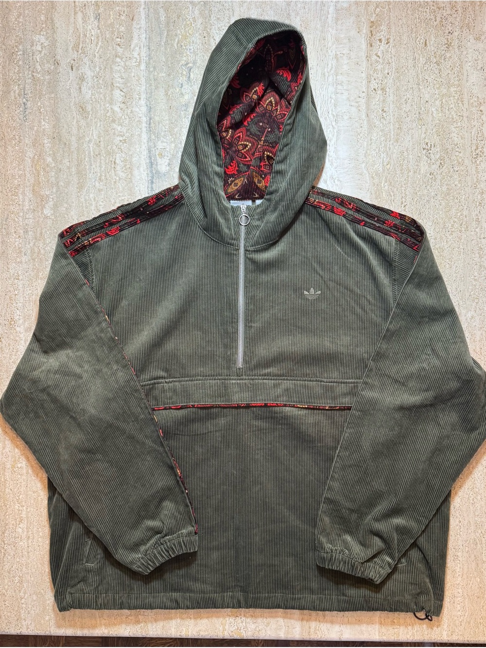Adidas Olive Green Corduroy Half-Zip Pullover With Red Trim